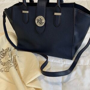 Lauren Ralph Lauren Navy Saffiano Leather Satchel with Silver Logo